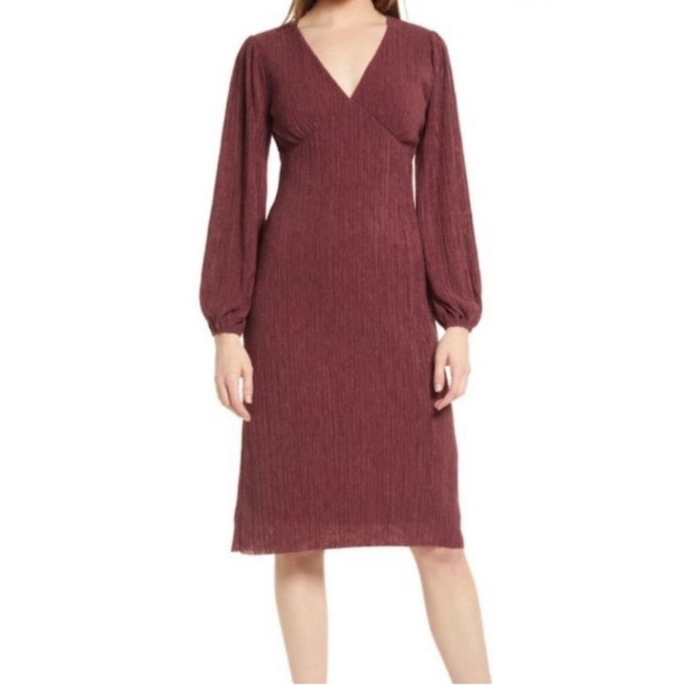 NWT All in Favor Plissé Long Sleeve Empire Waist Midi Dress Wild Ginger Size XS